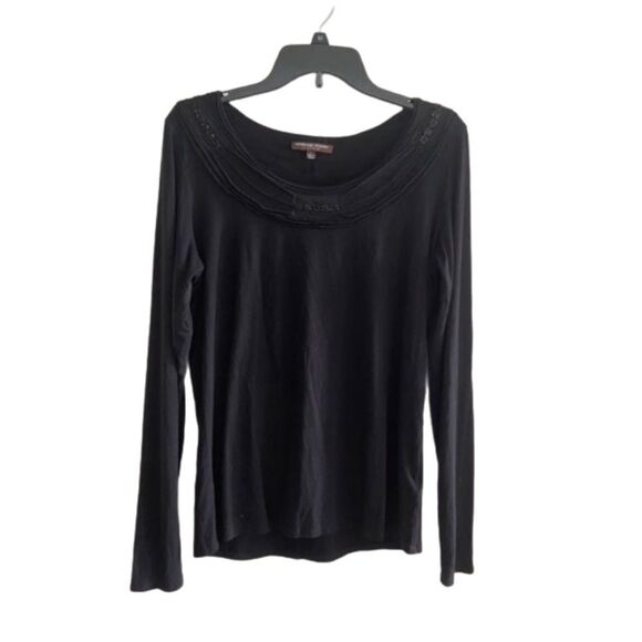 Adrienne Vittadini  BLACK embellished swoop KNIT neck top LARGE - Picture 2 of 8